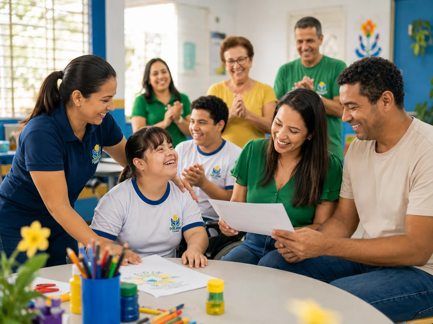 Famílias e comunidade reunidas em uma atividade inclusiva na APAE Cuiabá